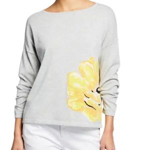 Joan Vass Neiman Marcus exclusive grey heather yellow flower sweater.